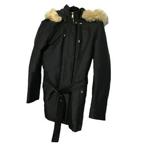MNG Basics Medium Black Tan Faux Fur Hooded Coat